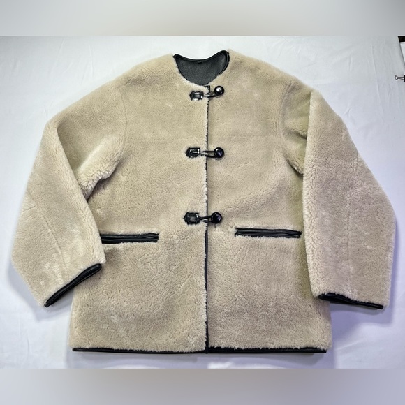 Mango Shearling Fur-Effect Coat Jacket Black Appliqués Accents - S - Like New! - Picture 2 of 9